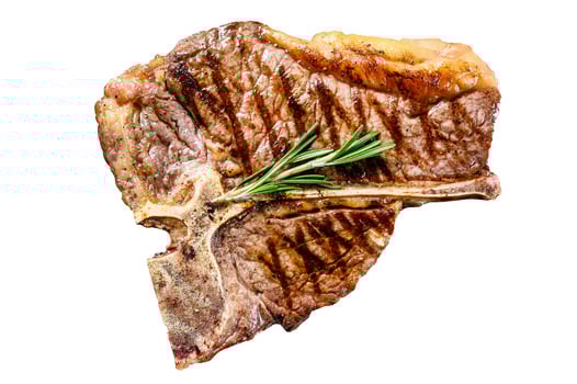 Grilled Porterhouse steak on a chopping Board. Cooked beef meat. Isolated on white background. photo