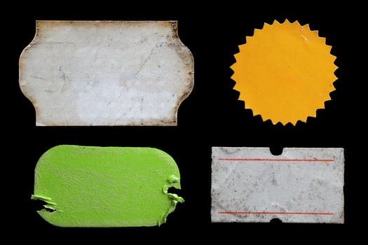 collection of blank old sticker, label, price tag template for mockup. isolated dirty, ripped, half peeled stickers photo