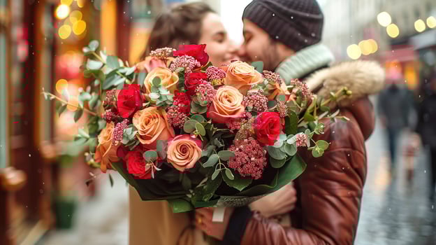 Couple in love with a huge bouquet of flowers photo