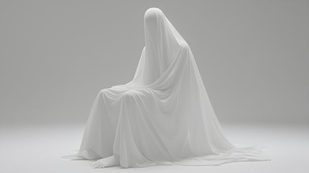 A ghostly figure is standing in front of a white background photo