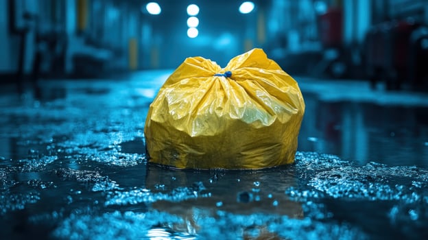 A yellow trash bag floats on the water in a dark, damp corridor of reflections photo