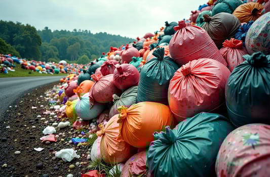 Household waste landfill plastic bags with garbage dump photo