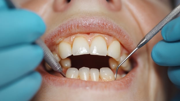 A patient smiles wide during a dental check-up, as tools inspect healthy teeth and gums photo
