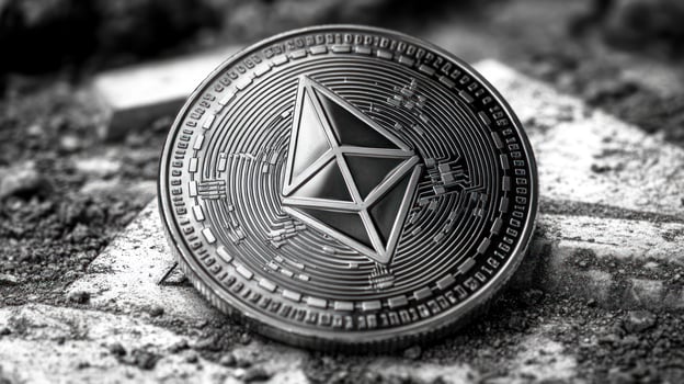 A detailed view of a cryptocurrency coin showcases its unique design amidst a gritty background photo