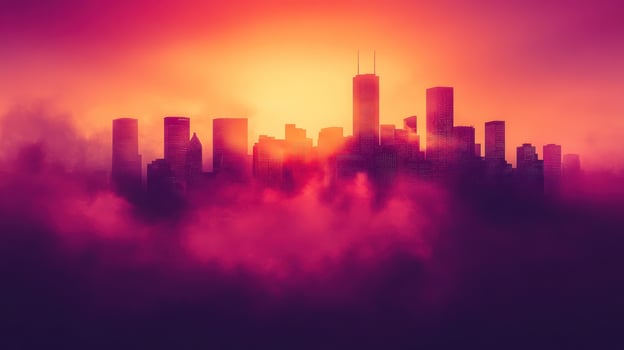 A silhouette of a city skyline is illuminated by a stunning sunset, surrounded by fog photo