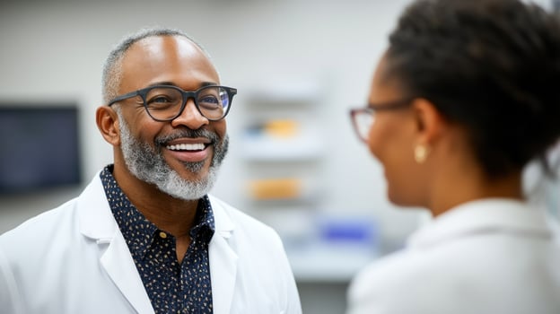 A cheerful healthcare professional talks to a colleague about patient care in a modern clinical environment photo
