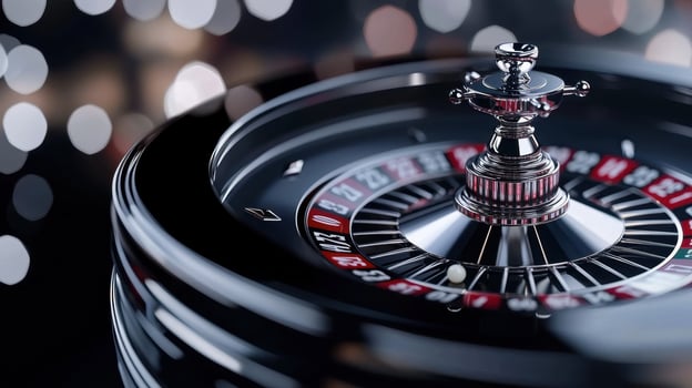 A close-up view of a roulette wheel shows the ball poised to drop into a numbered slot, surrounded by colorful casino lights, creating a lively gaming atmosphere photo