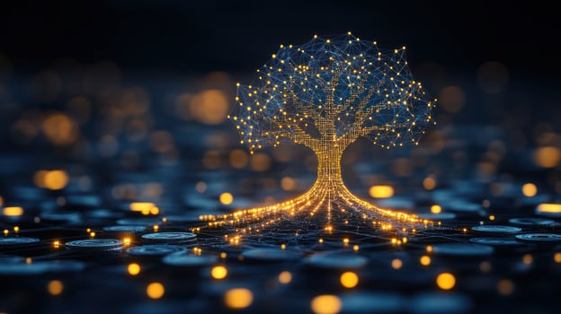Glowing tree structure made of nodes is illuminated above a scattering of coins in low light photo