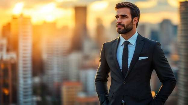 Smartly dressed man overlooks a vibrant cityscape as the sun sets, reflecting on his day photo