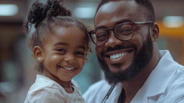 Father and daughter share a happy moment, showcasing their strong bond and joy in a cheerful environment photo