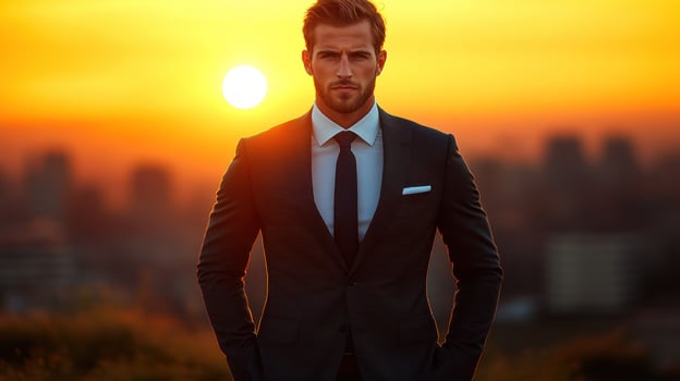 Confident man in a suit poses against a vibrant sunset view with a city skyline in the background photo