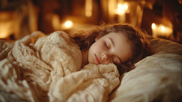 A child rests soundly, surrounded by soft blankets and the gentle glow of candles in a serene setting photo