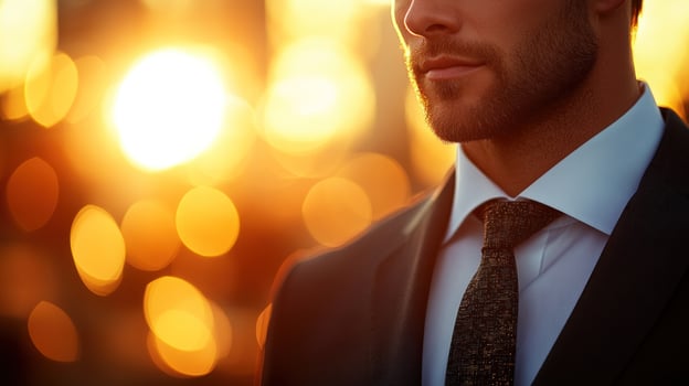 A businessman in formal attire poses confidently with a beautiful sunset illuminating the skyline photo