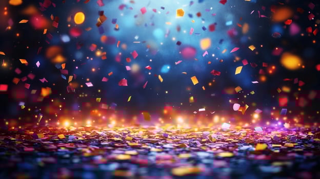 Bright confetti showers blend with sparkling lights on the ground, creating a joyful atmosphere at night photo