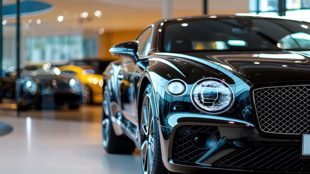 A sophisticated black luxury car is prominently displayed in a modern dealership. Bright lighting highlights its sleek design while other luxury vehicles are visible in the background photo