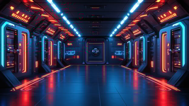 Bright blue and red lights illuminate a sleek corridor filled with futuristic technology and panels photo