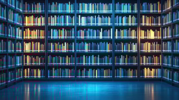 Modern library with vibrant shelves holding numerous books illuminated by soft blue and orange lights photo