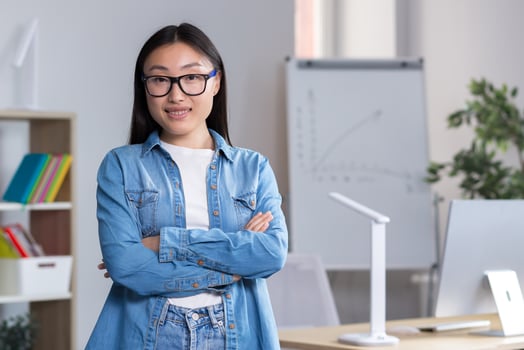 Portrait of a young Asian female student, smiling and looking at the camera with her arms crossed. photo
