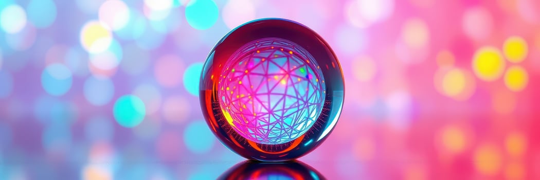 Colorful geometric sphere reflecting lights with intricate patterns during a vibrant event photo