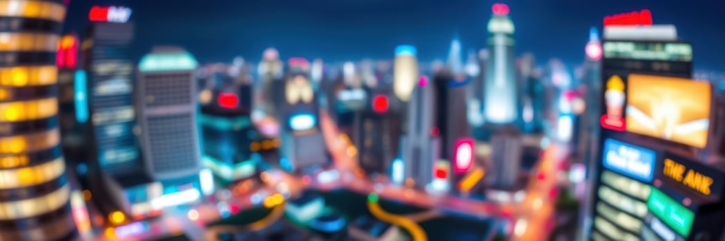 Vibrant city skyline at night with blurred lights showcasing bustling urban life photo