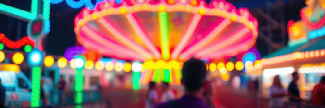 Colorful carnival rides light up a festive evening with joyful crowds enjoying the attractions and entertainment under a night sky photo