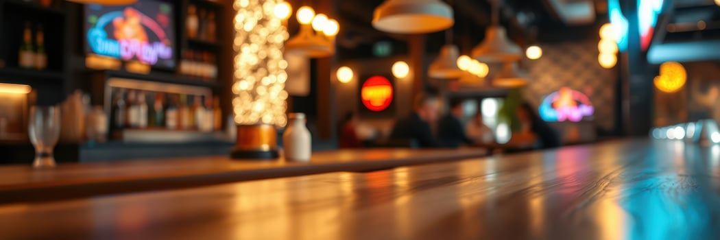 Bar interior with warm lighting and a lively atmosphere in the evening photo