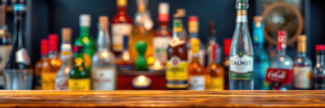Vibrant bar atmosphere showcasing an array of spirits and mixers in a cozy venue photo