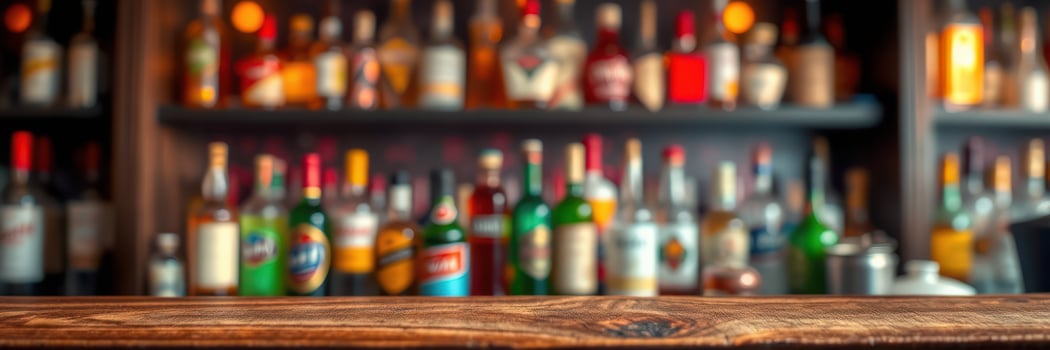 Bar counter with various colorful bottles neatly arranged on shelves in a cozy setting during evening hours photo