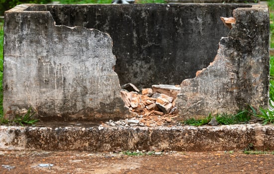 Old crumbling broken brick wall rustic texture, abandoned, mysterious photo