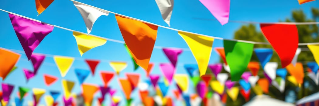 Colorful pennant banners decorate a vibrant outdoor festival during a sunny day in a lively neighborhood photo