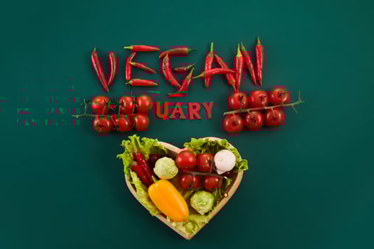 Vegetarian diet month in january called Veganuary. Veganuary word made from red chillies and childish lettering photo