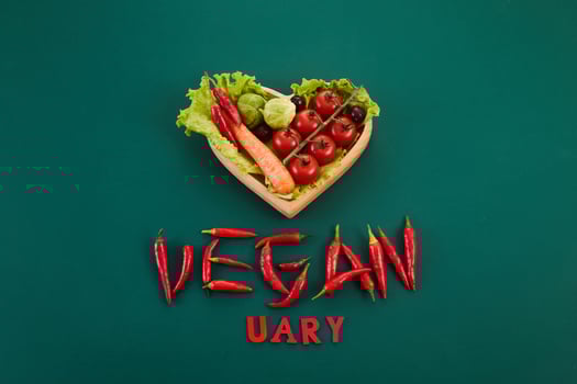 Vegetarian diet month in january called Veganuary. Veganuary word made from red chillies and childish lettering photo