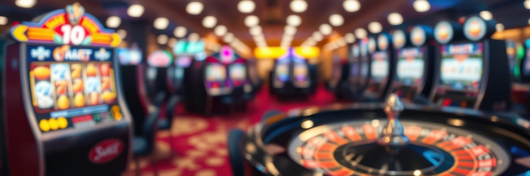 Brightly lit casino interior with various slot machines and a roulette table in the foreground during evening hours photo
