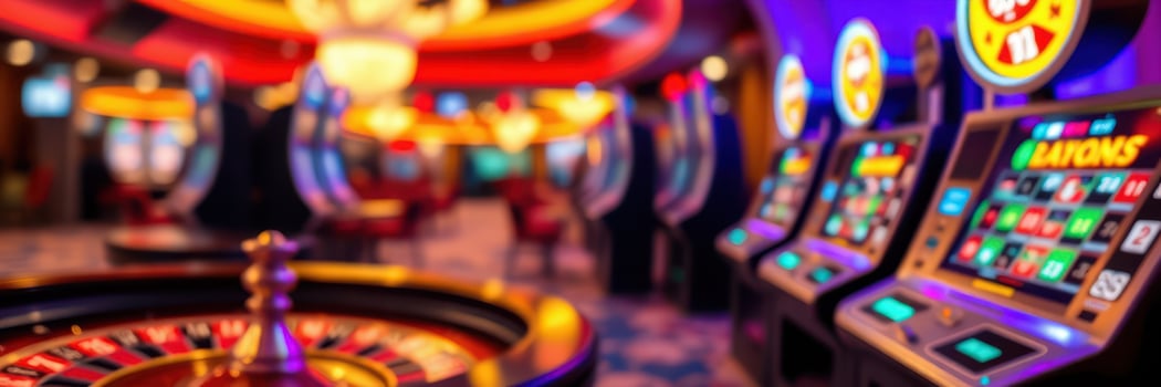 Vibrant casino atmosphere with roulette and slot machines illuminated at night photo