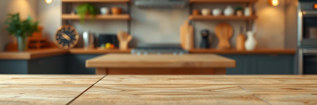 Beautifully designed modern kitchen with wooden surfaces and open shelving, showcasing a warm and inviting atmosphere for cooking and gathering photo