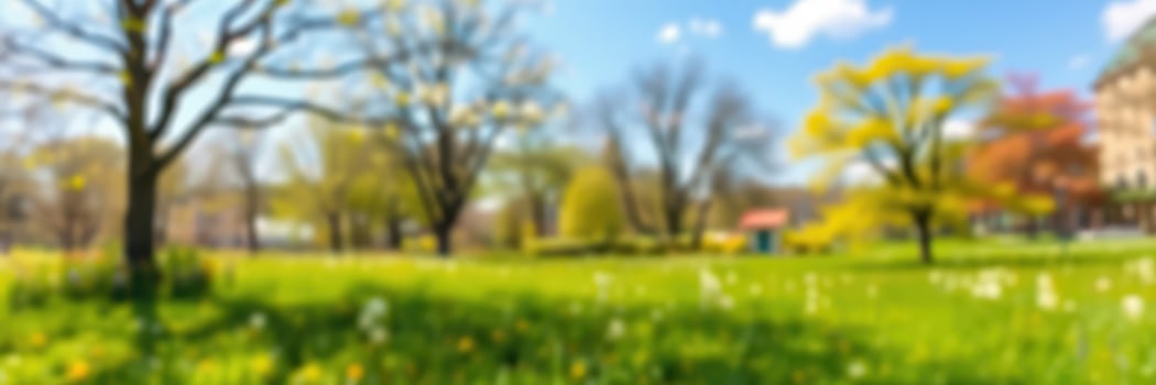 Springtime park with blooming flowers and vibrant green grass under a clear blue sky photo