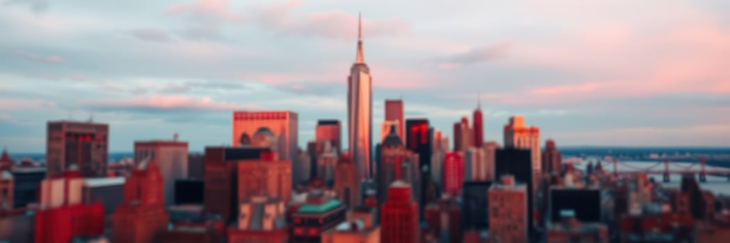 Skyline view of New York City at sunset showcasing the Empire State Building and surrounding urban landscape photo