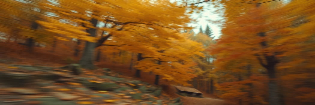 Colorful autumn forest with golden leaves and a rustic cabin along a serene pathway photo