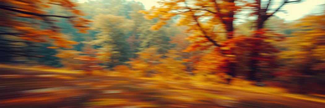 Autumn foliage blurs in motion through a serene forest landscape near a winding path in the golden light of late afternoon photo