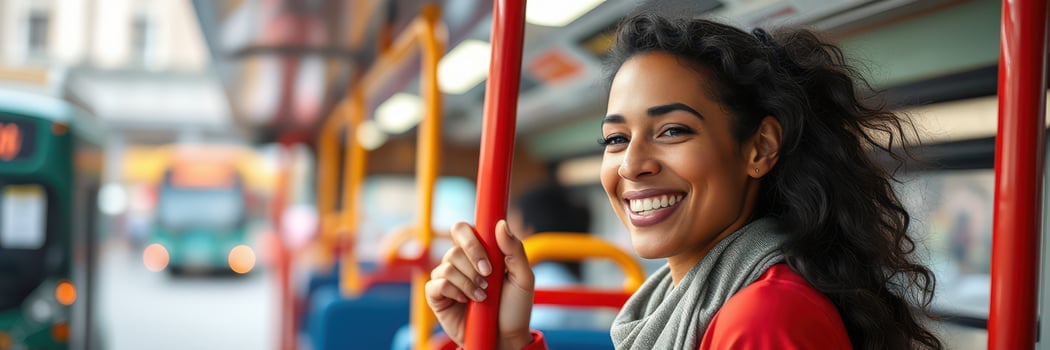 Bus ride through the city with a smiling woman enjoying her journey in the evening light photo