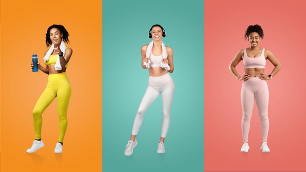 A vibrant collage features young individuals showcasing their athleticism and fitness routines. They are dressed in colorful gym attire and accessories, highlighting a healthy lifestyle. photo