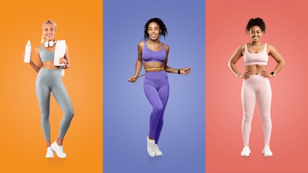 A collection of young individuals in athletic wear demonstrating an active lifestyle. They display confidence and readiness for fitness activities, set against colorful backgrounds. photo