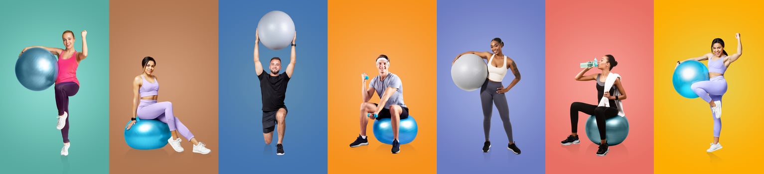 A dynamic collection of young men and women engaging in various fitness routines using stability balls. photo