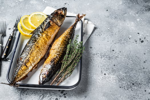 Roasted Mackerel Scomber fish in baking dish. Gray background. Top view. Copy space photo