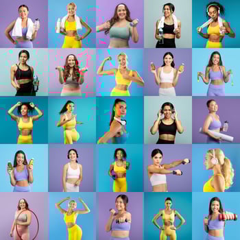 Group of women in athletic clothing engage in various fitness activities against vibrant backgrounds. They hold weights, water bottles, and personal music devices, promoting a healthy lifestyle. photo