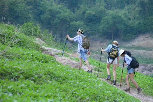 A group of friends going hiking in the streams of the tropical forest area. photo