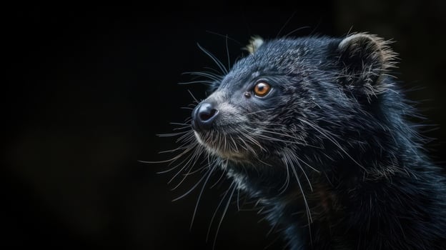 A close-up shot of a carnivorous predator staring into the camera with its eyes wide open. photo