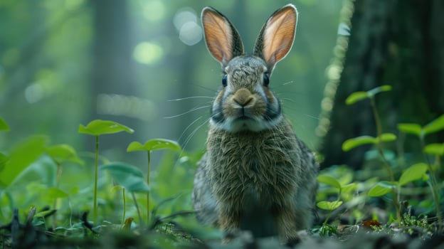 Adorable bunny looking out at a lush green forest. photo
