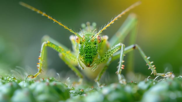 A small green and yellow ladybug stands out against a leafy backdrop. photo