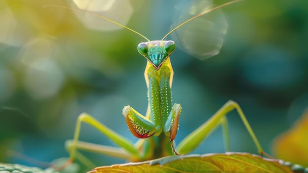 A close-up view of a vibrant green and red insect with a large pair of eyes. photo